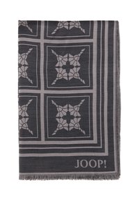Donkergrijze sjaal met een geometrisch patroon van vierkante motieven en franjes aan de randen. Bevat de merknaam "JOOP!" in een lichter tint.