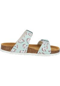 Ljusblå sandaler med enhörningsmönster, korkfotbädd, vit gummisulor, justerbara remmar och en texturerad tygfoder.