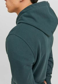 Sudadera de color verde oscuro con una capucha amplia, hecha de una suave mezcla de algodón, con un corte holgado y detalles de costura sutiles.