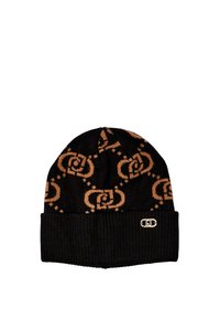 Black knit beanie with a ribbed cuff and brown geometric pattern. Features a metallic logo accent on the front. Soft texture, medium thickness.