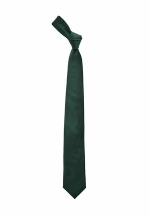 Grøn silke slips med en struktureret overflade, der har et knyttet design i toppen og en spids ende, ideelt til formelle anledninger.