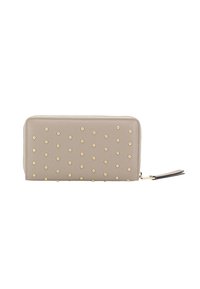Light gray leather wallet with gold stud accents, zip closure, and a decorative tassel. Smooth texture with a rectangular shape.