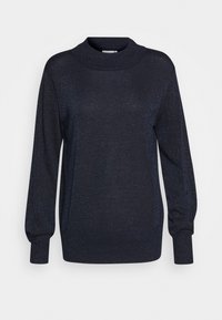 Chandail à manches longues bleu marine avec un col haut et large. Tricot doux et texturé avec un subtil éclat. Coupe décontractée, manches effilées.