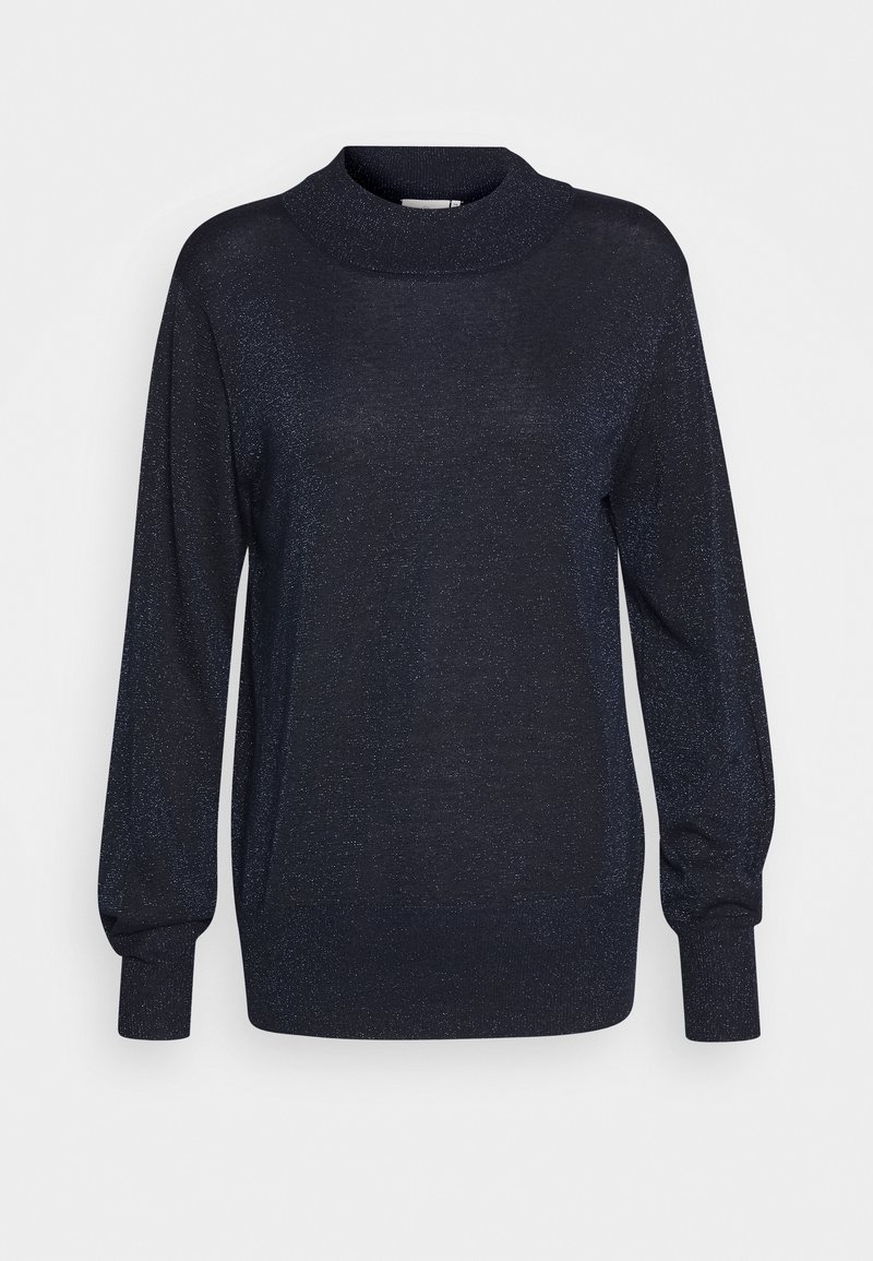 Chandail à manches longues bleu marine avec un col haut et large. Tricot doux et texturé avec un subtil éclat. Coupe décontractée, manches effilées.