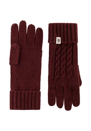 Gestrickte bordeauxrote Handschuhe mit Ripp- und Zopfmuster. Verfügt über fünf Finger und eine umschlagbare Manschette. Etikett auf einem Handschuh sichtbar.