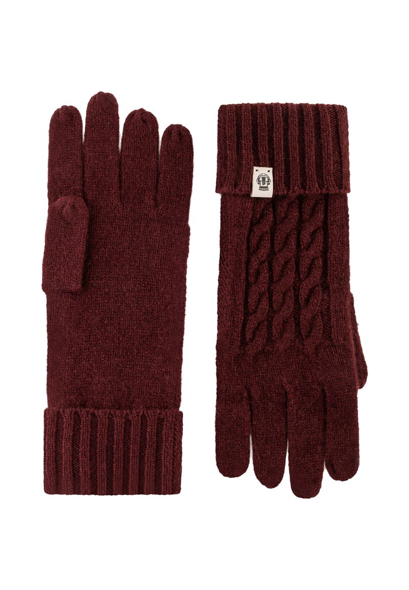 Gestrickte bordeauxrote Handschuhe mit Ripp- und Zopfmuster. Verfügt über fünf Finger und eine umschlagbare Manschette. Etikett auf einem Handschuh sichtbar.
