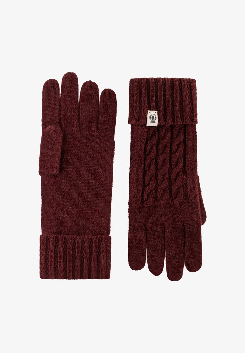 Gestrickte bordeauxrote Handschuhe mit Ripp- und Zopfmuster. Verfügt über fünf Finger und eine umschlagbare Manschette. Etikett auf einem Handschuh sichtbar.