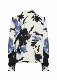 Blouse met lange mouwen op een witte achtergrond, voorzien van een bloemenprint in blauw en zwart, met elastische geplooide manchetten. Klassiek kraagontwerp.
