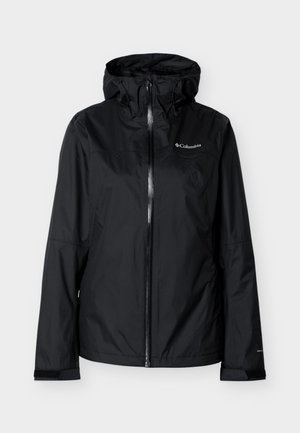 Čierna dámska nepremokavá bunda Columbia s kapucňou, predným zipsom a nastaviteľnými manžetami, navrhnutá na ochranu pred vonkajším počasím.