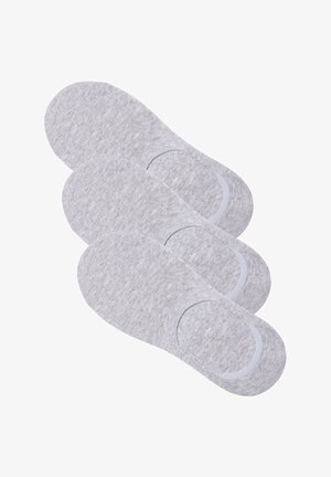 Graue Baumwoll-Sneakersocken mit weicher Textur, runder Form und elastischen Bündchen. Drei Paar in überlappender Anordnung dargestellt.