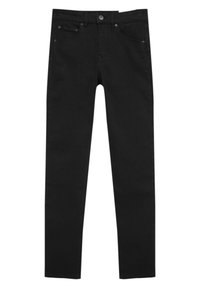 Svarta denimjeans med slim fit. Funktioner inkluderar en framficka, två bakfickor och stängning med metallknapp. Slät struktur genomgående.