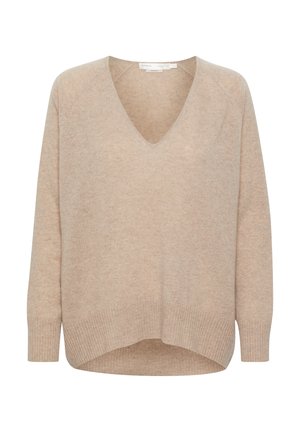 Maglione beige a scollo a V in morbido filato, con orlo e polsini a coste. Presenta una vestibilità comoda e maniche scese per un maggiore comfort.