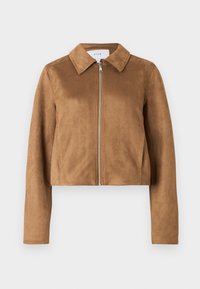 Brun cropped jakke i imiteret ruskind med krave, lynlås foran, lange ærmer og glat tekstur. Enkelt design, velegnet til lag-på-lag.