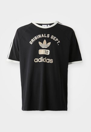 T-shirt en coton noir à manches courtes, avec des accents blancs et un imprimé graphique présentant le texte "ORIGINALS DEPT." et "adidas", daté de 1972.