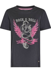 Camiseta gris de manga corta con un gráfico frontal que presenta alas rosas, texto plateado "ROCK & ROLL" y lentejuelas decorativas en un tejido suave.