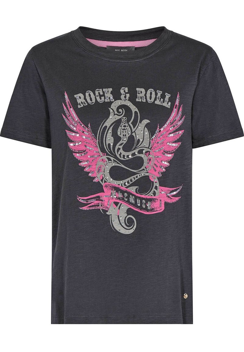 Camiseta gris de manga corta con un gráfico frontal que presenta alas rosas, texto plateado "ROCK & ROLL" y lentejuelas decorativas en un tejido suave.