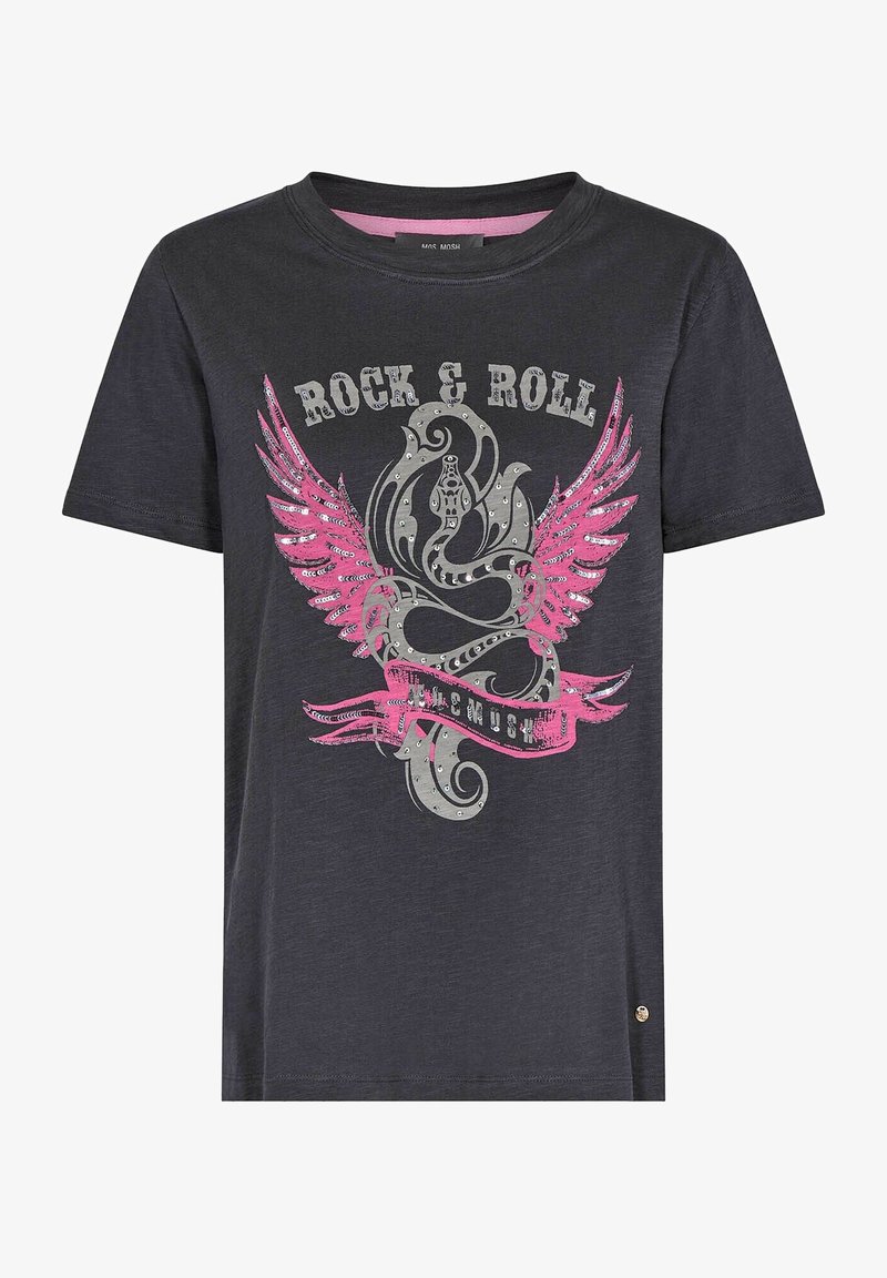 Camiseta gris de manga corta con un gráfico frontal que presenta alas rosas, texto plateado "ROCK & ROLL" y lentejuelas decorativas en un tejido suave.