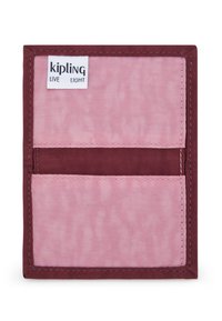 Kipling wallet in pink and burgundy fabric, featuring two card slots, stitched edges, and a logo label at the top left corner.