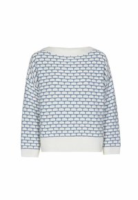 Weißer Strickpullover mit einem blauen Ziegelmuster, langen Ärmeln sowie gerippten Bündchen und Saum, von hinten gezeigt.