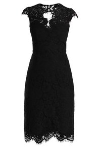 Schwarzes Spitzenkleid mit figurbetonter Silhouette, kurzen Ärmeln, floralem Muster und wellenförmigem Saum. Mit einem Rückenverschluss in Form eines Schlüssellochs.