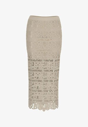 Gonna a matita beige fino al ginocchio in pizzo con intricati motivi floreali e orlo smerlato, caratterizzata da bande orizzontali alternate solide e traforate.