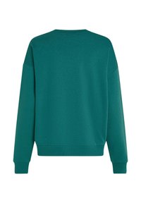 Žalsvai mėlynas džemperis su apvalia iškirpte, nuolaidžiomis pečių siūlėmis ir ribotais rankogaliais bei apačia. Pagamintas iš minkštos medžiagos, pasižymi lygiu paviršiumi.