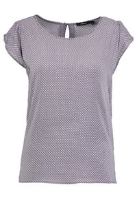 Kortärmad blus i lila med geometriskt mönster, med rundad halsringning och en nyckelhålrygg med knappstängning.