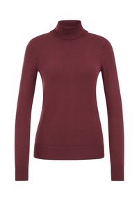 Bordo turtleneck megztinis, pagamintas iš minkštos mezginio medžiagos, su ilgomis rankovėmis, siaurais gaubtais ir apdaila, bei prigludusia siluetu.