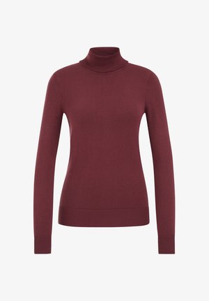Burgundijas krāsas turtlenecks džemperis, izgatavots no mīkstas adītas auduma, ar garām piedurknēm, ribota apakšmala un piedurkņu galiem, kā arī pieguļošu siluetu.