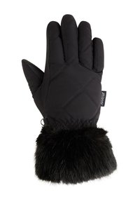 Black quilted gloves with a textured black faux fur cuff. Features include a smooth interior and an elasticized wrist for a snug fit.