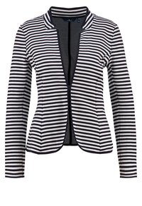 Blazer rayé bleu marine et crème à manches longues, ouverture frontale, revers étroits et coupe ajustée. Texture lisse et tissu extensible.