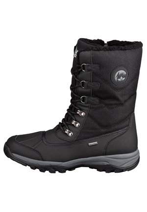 Black insulated winter boot with a textured upper, lace-up design, silver hardware, and rubber sole. Notable logo on the side.