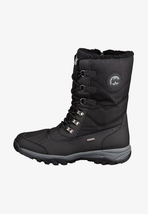 Black insulated winter boot with a textured upper, lace-up design, silver hardware, and rubber sole. Notable logo on the side.