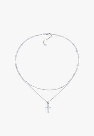 Sølvbelagt halskæde med to kæder og små perler, prydet med et enkelt kors pendant. Glat tekstur og poleret finish.