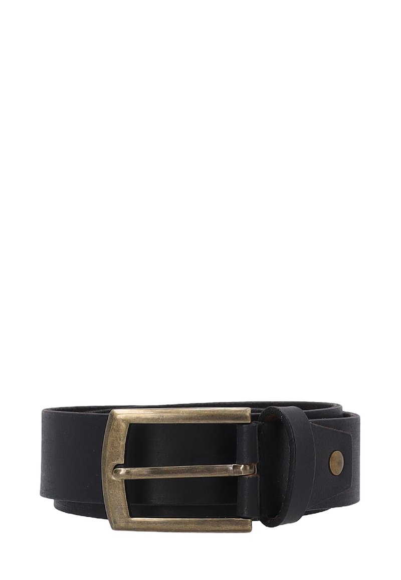 Black leather belt with a wide strap and a rectangular brass buckle. Features a smooth texture and a riveted leather loop.