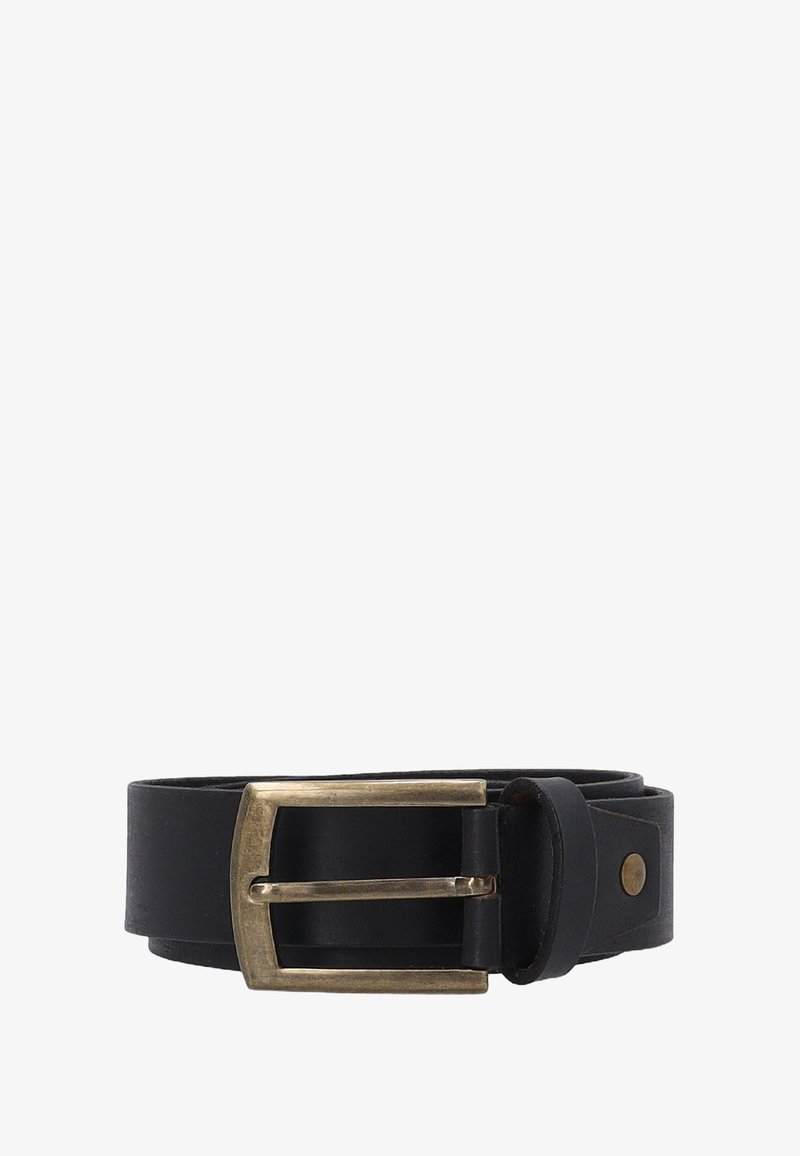 Black leather belt with a wide strap and a rectangular brass buckle. Features a smooth texture and a riveted leather loop.