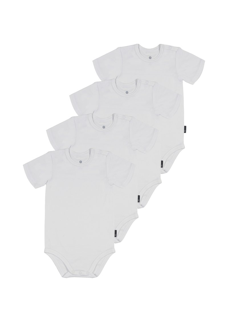 Sæt af fire hvide kortærmede bodysuits lavet af bomuld, med trykknaplukning ved skulderen og i bunden, glat tekstur, enkelt design.