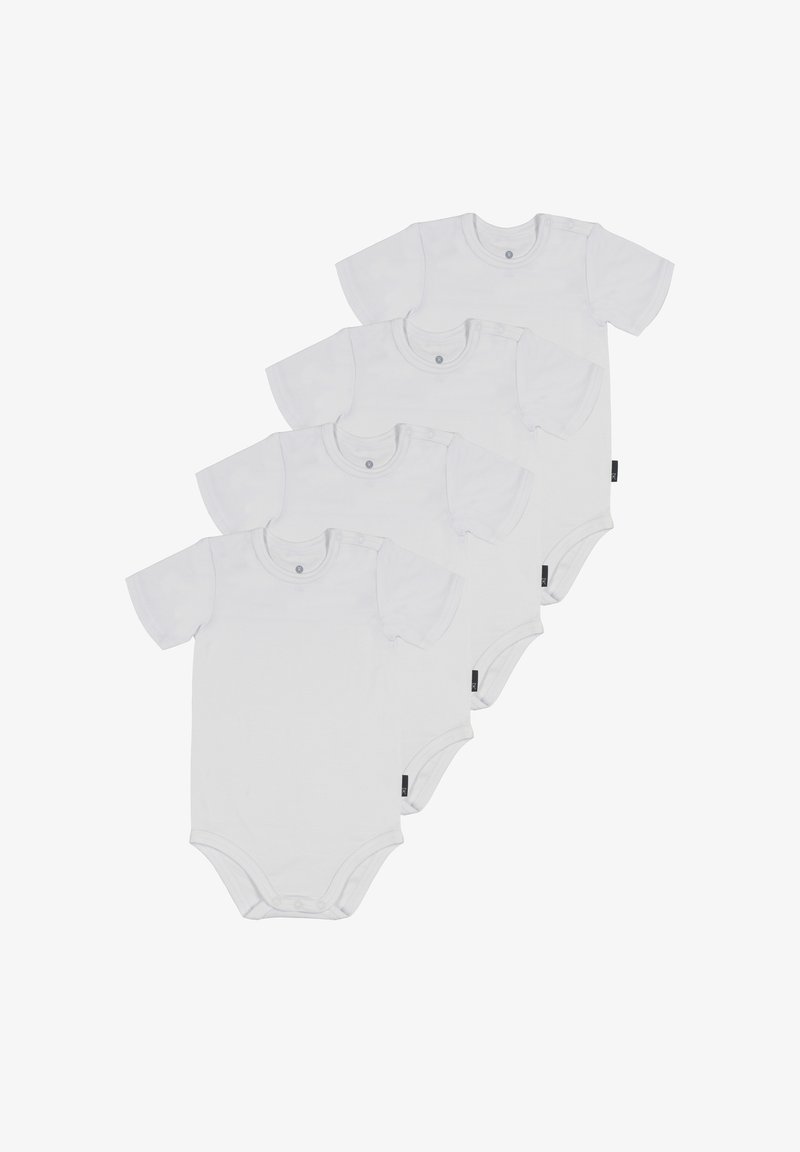 Sæt af fire hvide kortærmede bodysuits lavet af bomuld, med trykknaplukning ved skulderen og i bunden, glat tekstur, enkelt design.