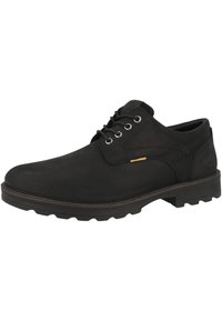 Scarpa in pelle nera con finitura liscia, punta rotonda, chiusura con lacci e suola in gomma texture. Presenta un sottile dettaglio di accentuazione gialla.