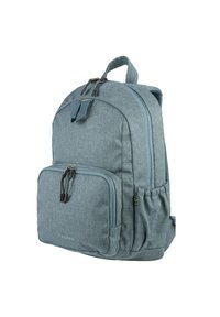 Zaino in tessuto grigio con un aspetto strutturato, dotato di una tasca frontale, doppie cerniere, tasca laterale in rete e spallacci imbottiti e regolabili.