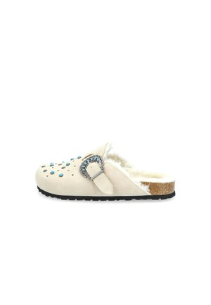 Sabots pour femmes en daim beige avec des embellissements bleus et argentés, doublure en fourrure et semelle en liège. Semelle durable en caoutchouc noir.