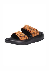Sandali arancioni con stampa leopardata, dotati di due cinturini regolabili, suola nera e superficie texture. Presentano una soletta imbottita per il massimo comfort.