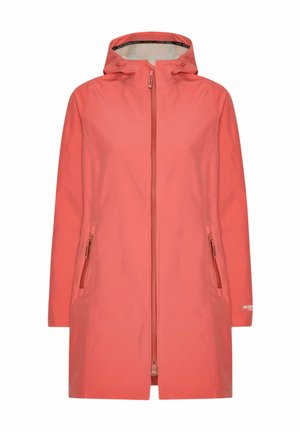 Chaqueta de lluvia color coral con cierre frontal, capucha y dos bolsillos laterales con cremallera. Tejido liso con un ligero brillo y sin patrones.