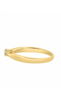 Zlat prstan z poliranim zaključkom, s centralnim čistim diamantom. Obroč je tanek in gladek, zožen proti nastavku.