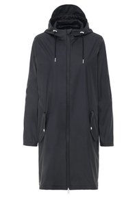 Manteau imperméable noir avec capuche, fermeture éclair, deux poches latérales et cordons de serrage au niveau du col. Texture lisse et manches longues.