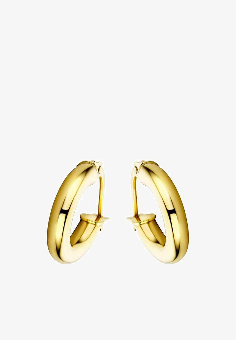 Kuldsete rõngaste kõrvarõngad, millel on sile ja läikiv pind, ringikujuline disain ja kindel klamber. Ei nähta mingeid mustreid ega tekstuure.