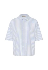 Short-sleeve button-up shirt in light blue and cream vertical stripes, featuring a collar and a textured fabric.