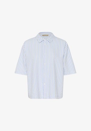 Korte mouwen button-up shirt in lichtblauw en crèmekleurige verticale strepen, met een kraag en een gestructureerde stof.