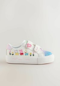 White children's sneakers with a textured surface, featuring Velcro straps, glitter accents, and colorful cartoon characters and flowers.