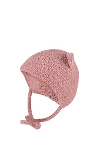 Soft pink toddler hat with textured fleece fabric, ear flaps, and chin ties against a white background.